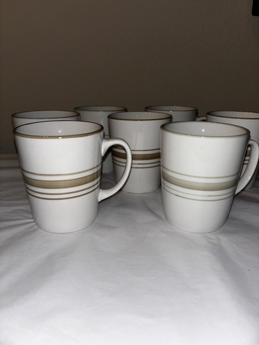 Set of 7 MAINSTAYS White With Brown beige Stripe Coffee Cups Mugs
