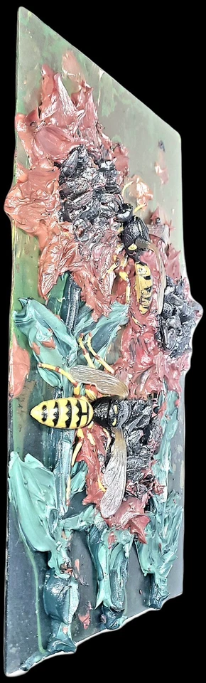 Girasol Impasto 3d pintado a mano sobre madera - acrílico grueso esculpido 11,8 por 7,9 Foto 2 de 2