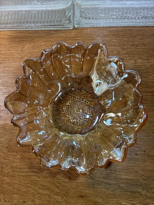 Vintage Indiana Amber Glass Lily Pons Sunflower Bowl Candy Dish 7''x 3 .