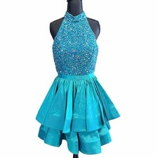 Sherri hill teal aqua blue short halter formal dress sequins rhinestone 8 prom