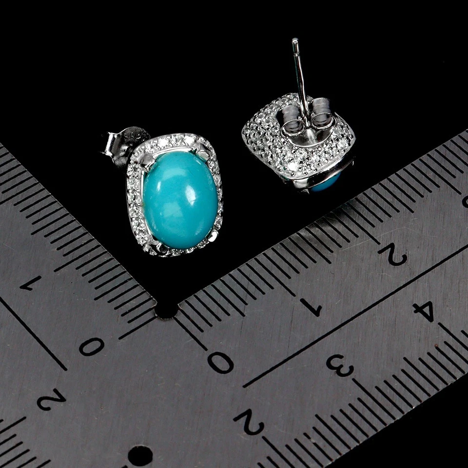 925 Sterling Silver Earrings Oval Turquoise 9x7mm Natural Gemstone Jewelry - Image 3 of 4