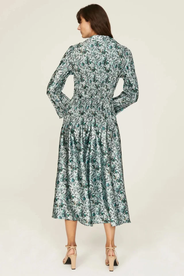 Vestido Camisa Vince Talla Pequeña Verde Berry Blooms Plisado Midi Manga Larga Talla XS Foto 3 de 4