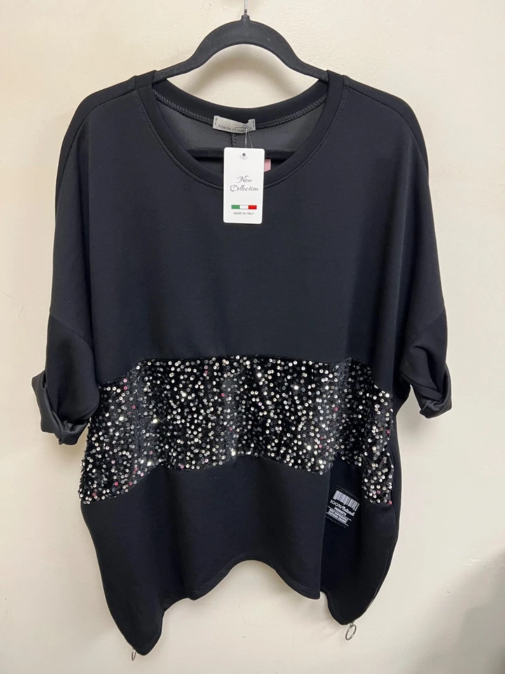 Ladies Self Coloured Sequins Oversized Scuba Fabric Pocket Top Side Zips - Image 2 of 4