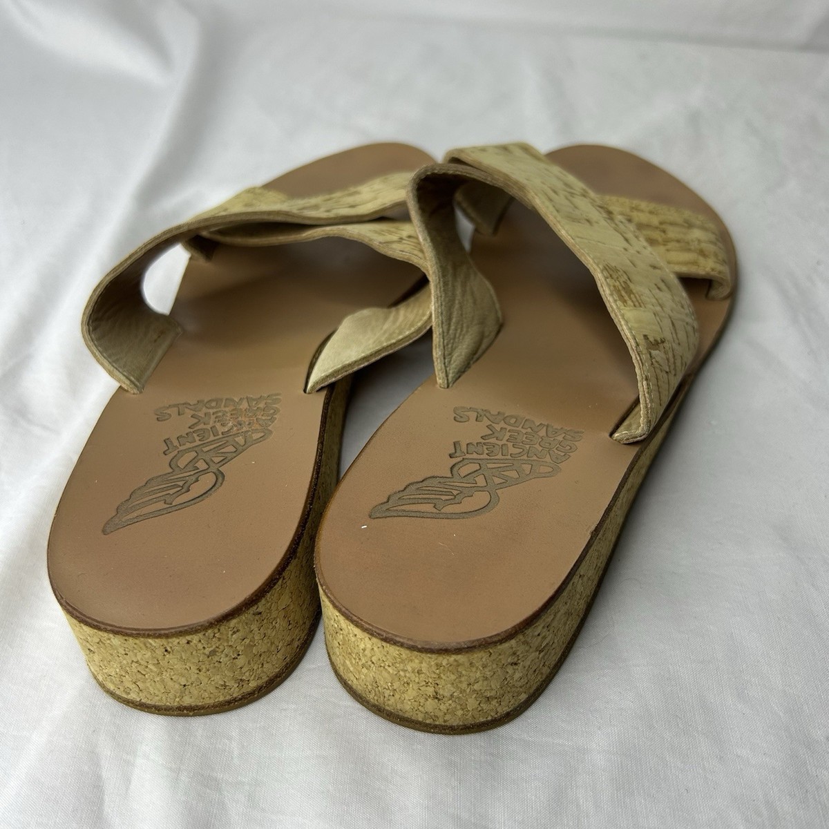 Ancient Greek Thais Sandals Wedge Sandals Tan Cork Criss Cross Slides Size 39 View 3