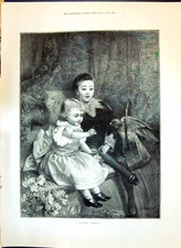Antique Old Print 1893 Portrait Children Boy Girl Pretty Polly Parrot Bird 19th