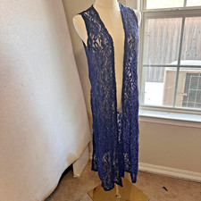 Duster sz S Lace blue Open Long sleeveless Boho Beachy fairy Cardigan Top