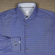 Bugatchi UOMO Men's Shirt 16.5 16 1/2 34 35 Long Sleeve Blue White Plaid Cotton