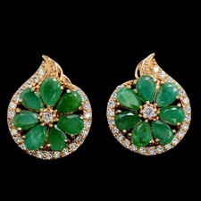 NATURAL AAA GREEN EMERALD  WHITE CZ STERLING 925 SILVER FLOWER DROP EARRING