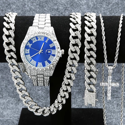 4pc Luxury Shiny Rhinestone Men Watch Classic Quartz Watch Set Blue Silvery