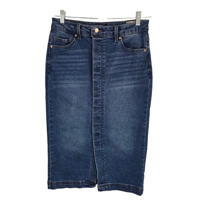 Express Womens Denim Midi Skirt Medium Wash Front Slit Size 6 NWT High Waist