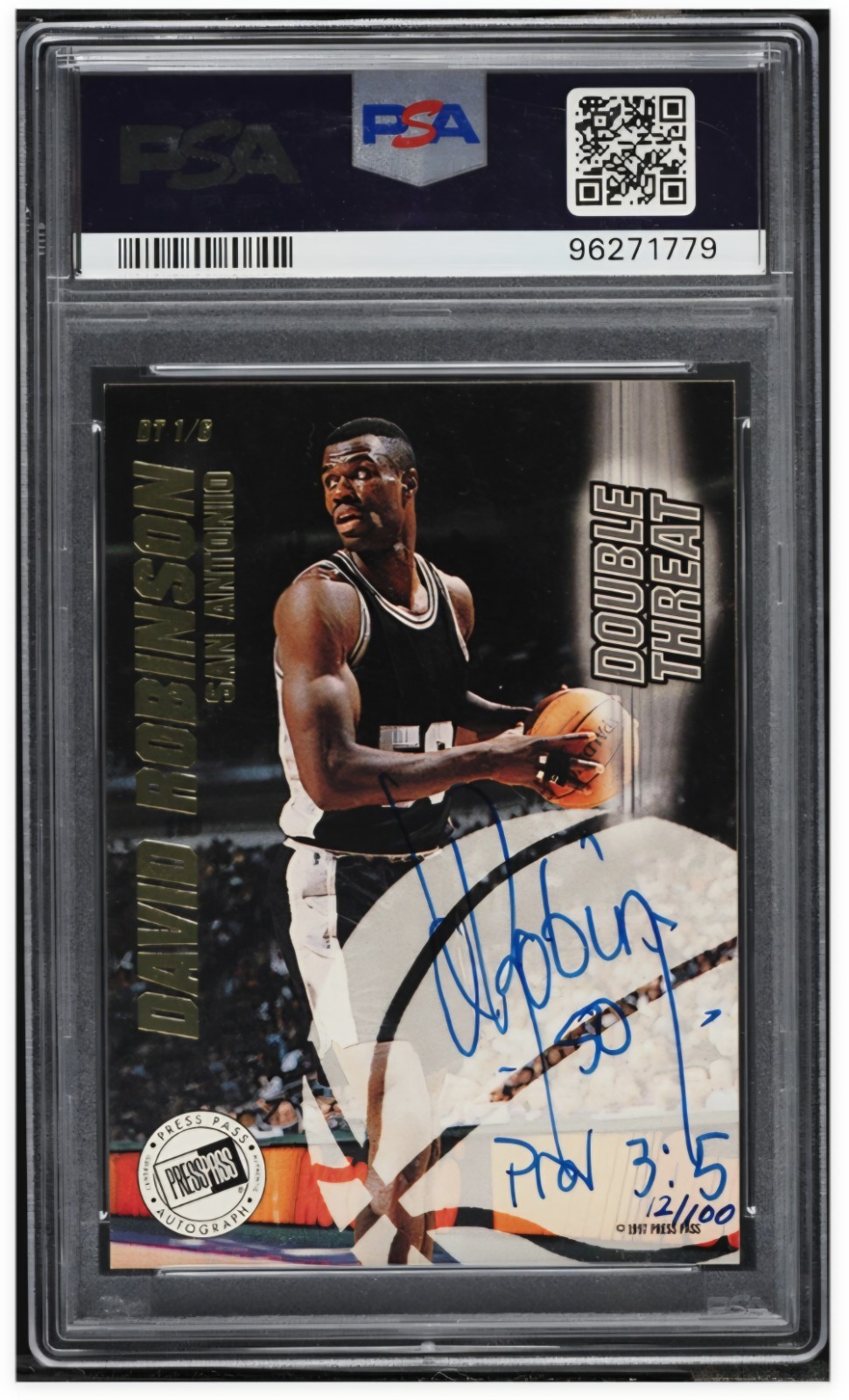 1997 Press Pass Tim Duncan David Robinson Double Threat Auto #/100 RC PSA 5 view 2