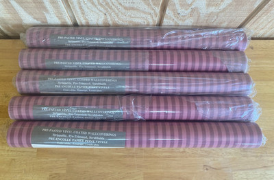 5 Rolls Vtg Vinyl Floral Wallpaper Cottage Pink Stripes Mauve 278+ sq ft