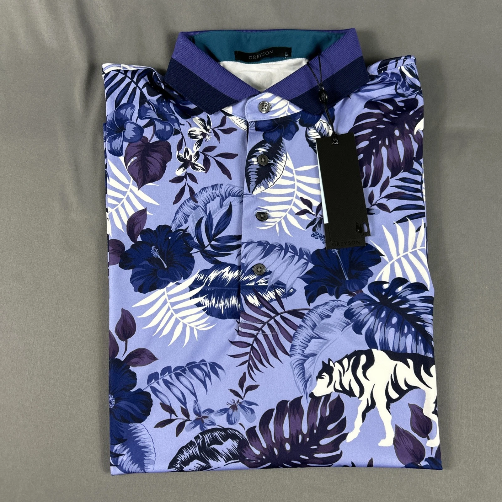 Greyson Golf Shirt Polo Floral Wolf Jungle Print Large Purple NWT MSRP $118