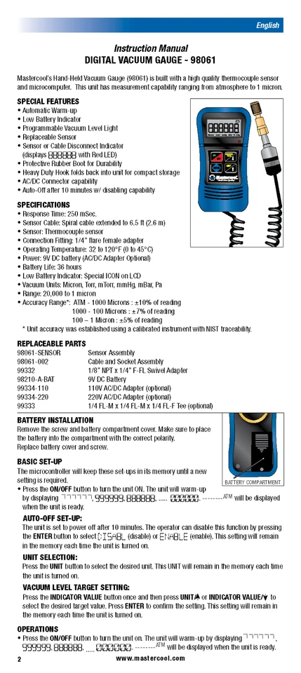 MEDIDOR DE VACÍO DIGITAL MASTERCOOL (98061) Foto 3 de 4