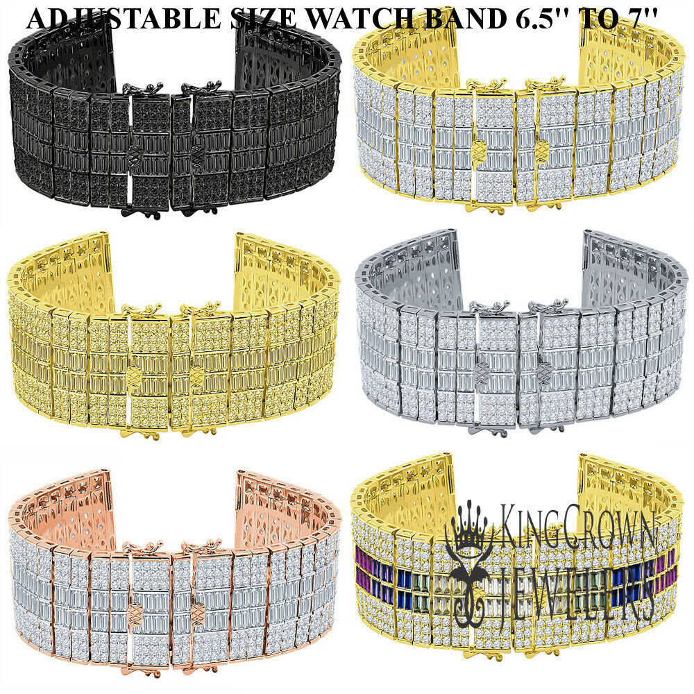  14K Gold Finish Baguette Simulated Diamond Replacement Watch Band Bracelet 24mm