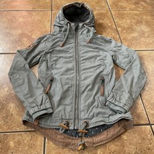 Naketano Jacket Women's Small Full Zip Coated Padded Hooded Fluffy Lined Grey