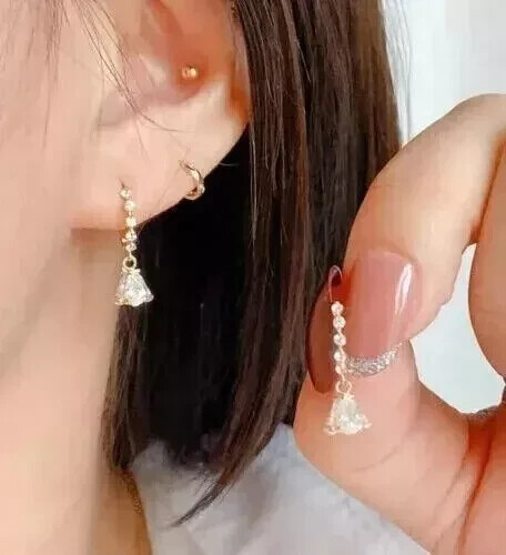 14K Yellow Gold Plated 2Ct Pear Cut Lab Created Diamond Drop/Dangle Earring - Picture 4 of 6