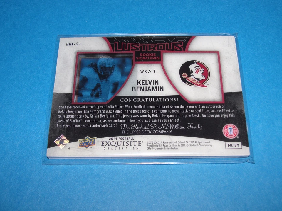 2014 UD Black KELVIN BENJAMIN Lustrous Rookie Auto/75 FSU Seminoles CAROLINA RC - Image 2 of 2