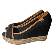 Tory Burch Majorca Wedge Heel Black Tan Peep Toe Women Size 8.5