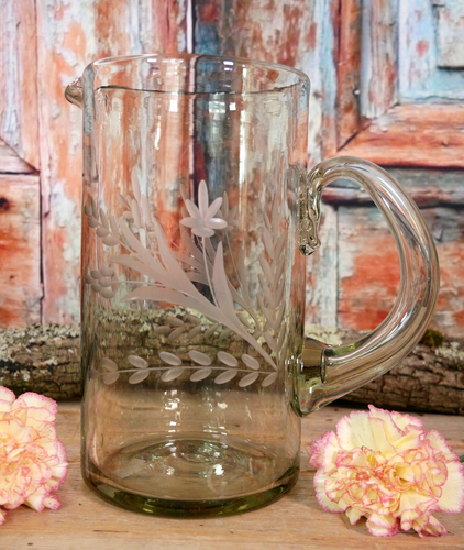 Tall Glass Pitcher Handblown Etched Plants Wheel Cut Pale Green Mexican Folk Art - Picture 13 of 18