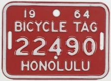 Vintage Honolulu Hawaii 1964 Bicycle License Plate 22490 Unused New Old Stock