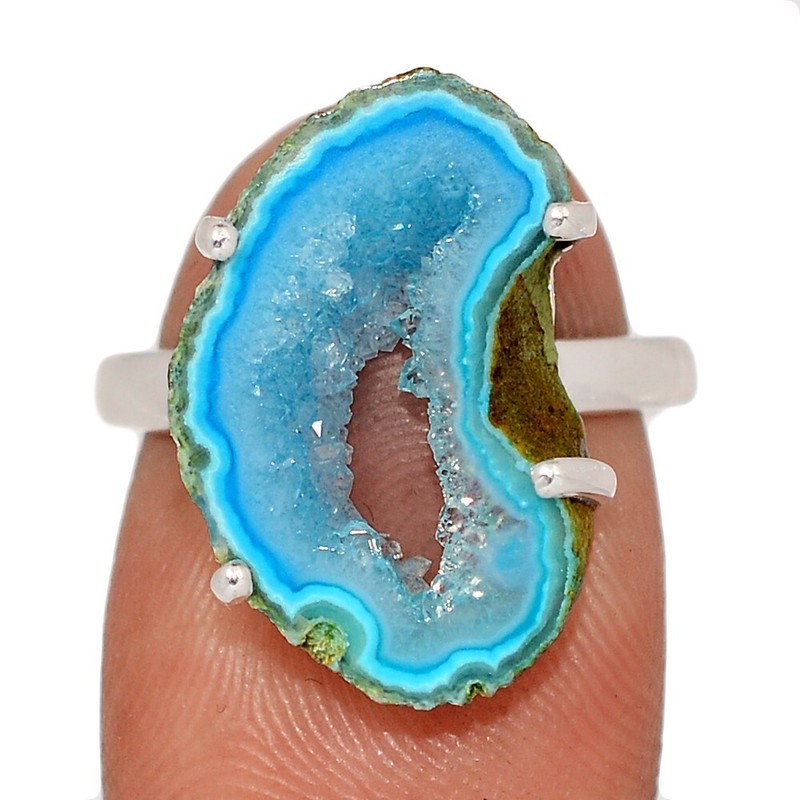 Treated Marine Blue Geode Druzy 925 Sterling Silver Ring Jewelry s.7 CR69939