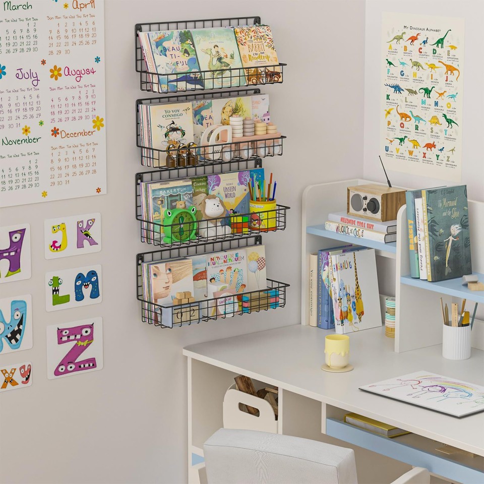 Wall Mounted Metal Kids Bookshelf, Floating Book Shelves for Kids