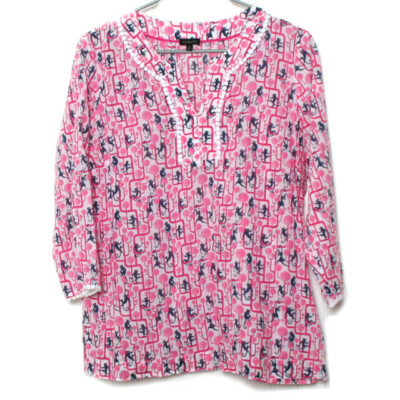 Talbots Womens Pink Blue Monkey Print VNeck 3/4 Sleeve Cotton Blouse Medium