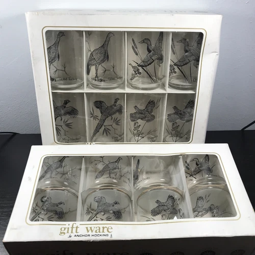 Vtg Giftware Anchor Hocking Hunting Birds 2 8pc Sets Original Boxes 5" & 3” DU