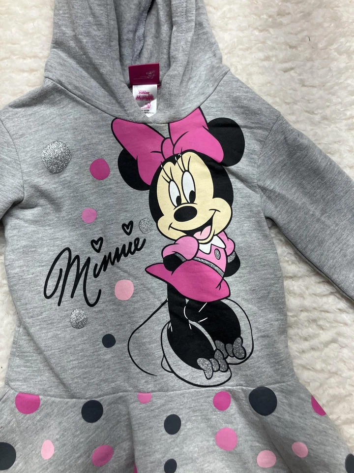 Disney Junior Minnie Mouse Hoodie Dress Girls 4T Long Sleeve Polka Dot Gray Pink - Image 2 of 4