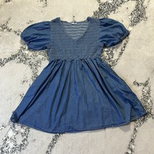 Gap Dress Womens Size XL Blue Denim Smocked Top Puff Sleeve Medium Wash