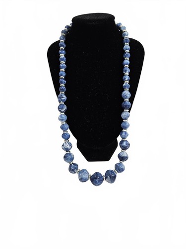 Vintage Blue and Silver Marbled Beaded Necklace #EUC