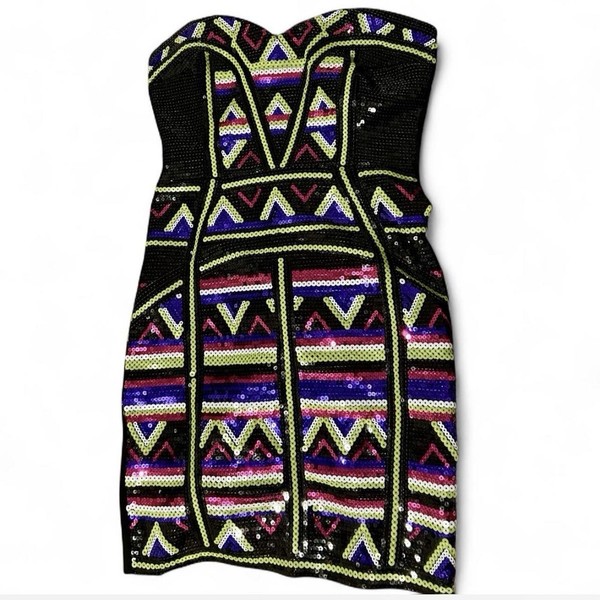 bebe strapless sequin geometric bodycon mini dress party/cocktail
