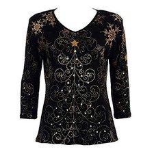 Christmas Star Black & Gold Long-Sleeve Top XL 100% Cotton Made In USA
