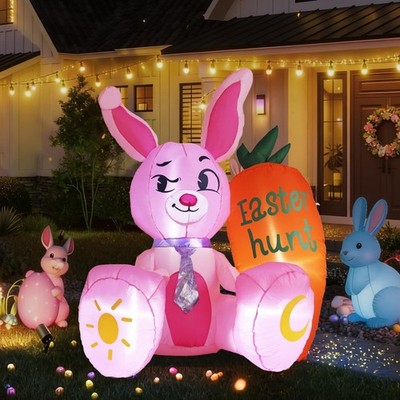 5.15FT Easter Inflatable Bunny Outdoor Decorations, Pink Rabbit with Orange C...