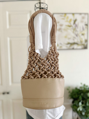 Jonathan Simkhai Nude Pink Leather Woven Fisherman Net Keira Bucket Bag