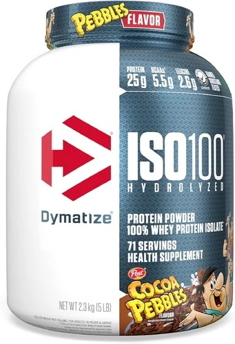 Blue and red Dymatize Iso-100 5lb Whey Protein Isolate Cocoa Pebbles container with black lid and bold “71 Servings” text.