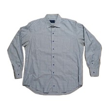 David Donahue Men's XL Blue Brown Small Check Button Up Long Sleeve Dress Shirt