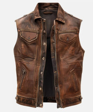 Mens real leather biker vest / cowboy vest / brown