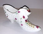 Vintage Fenton Art Glass Hobnail White Cat Shoe Hand Painted Flowers Signed