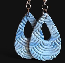 Handcrafted Artisan Teardrop Dangle Earrings Blue/White Wave Imprint