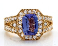 2.78 Carat Natural Blue Tanzanite and Diamonds in 14K Solid Yellow Gold Ring