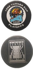 1998 CLEVELAND LUMBER JACKS OFFICIAL TURNER CUP HOCKEY PUCK LINDSAY MFG.- CANADA