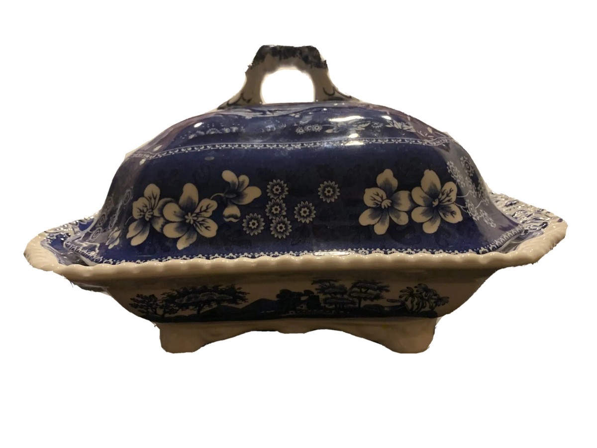 Spode England Blue Tower Covered Vegetable Dish rectangular open