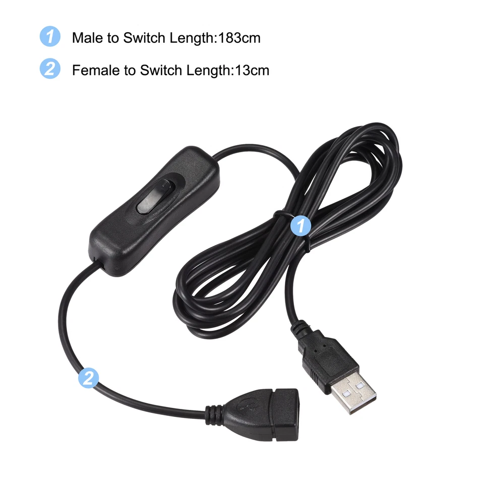 2Pack USB Cable with ON/Off Switch USB Male to Female Extension Cord 200cm Black — 第 4/4 张图片
