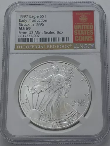 1997 NGC MS69 Early Production Silver Eagle Struck 1996 From US Mint Sealed Box