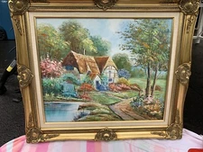 Vintage W. Hodges Cottage Landscape Oil Painting Framed Antique Original 20’x 24
