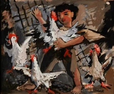 Dorothy Sklar Casein painting Here Chick Chick  c1955