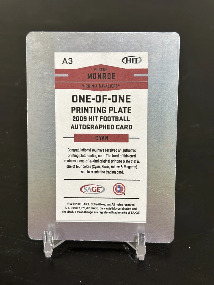 2009 Sage Hit Eugene Monroe 1/1 Printing Plate Auto Cyan A3 One-of-One Rare! - Image 2 of 3