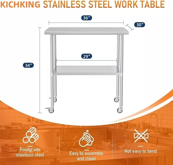 Buy 1524x610mm Commercial Kitchen Bench Stainless Steel Food Prep Work Table w/Wheel
